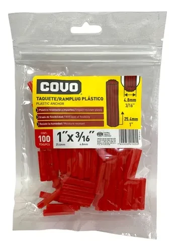 RAMPLUG PLASTICO 1" X 3/16" 100 PIEZAS ROJO COVO